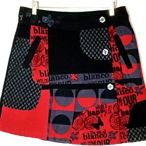 Desigual Cotton Velvet Patchwork Mini Skirt Graphic Red Black size M